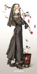 Rule 34 | 1girl, ace (playing card), ace of spades, ankle boots, bird, blonde hair, boots, briefcase, card, flower, flower in mouth, full body, gradient background, habit, hat, high heels, highres, horns, jewelry, looking at viewer, necklace, nun, one eye closed, orange eyes, original, pigeon, playing card, quill, rose, single horn, solo, spade (shape), top hat, twitter username, zenmaibook