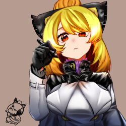 Rule 34 | 1girl, alternate costume, black bow, black gloves, blonde hair, blush, bow, breasts, brown background, chibi, coat, commentary request, extra eyes, gloves, hair between eyes, hair bow, hair bun, highres, holding, holding pen, kurodani yamame, large breasts, long sleeves, looking at viewer, medium hair, parted lips, pen, red eyes, rinyamame, simple background, smile, touhou, upper body, white coat