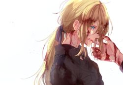 Rule 34 | 10s, 1girl, blonde hair, blood, blood from mouth, blood on clothes, blood on face, blood on hands, blue eyes, blue ribbon, clenched teeth, commentary request, crying, crying with eyes open, cuts, green shirt, hair between eyes, hair intakes, injury, long hair, long sleeves, low-tied long hair, military, military uniform, outstretched hand, profile, resolution mismatch, ribbon, roukaku17, shirt, solo focus, source smaller, tears, teeth, uniform, violet evergarden, violet evergarden (series)