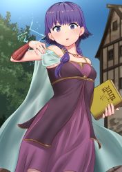 Rule 34 | 1girl, absurdres, arm up, bare shoulders, blue sky, book, braid, collarbone, commission, dress, electricity, electrokinesis, fire emblem, fire emblem: the sacred stones, highres, holding, holding book, house, kekeshi mitsuru, lightning, looking at viewer, lute (fire emblem), medium hair, nintendo, open mouth, purple eyes, purple hair, skeb commission, sky, sleeveless, sleeveless dress, solo, tree, twin braids, twintails