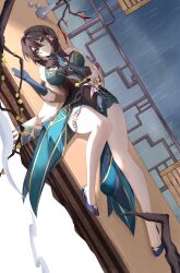 Rule 34 | 1girl, absurdres, aqua dress, bare legs, bare shoulders, bead necklace, beads, black hair, blue footwear, blue gloves, branch, breasts, brown hair, chinese clothes, clothing cutout, covered navel, dress, flower, full body, gloves, green dress, green eyes, high heels, highres, honkai: star rail, honkai (series), jewelry, katal, large breasts, lattice, legs, long hair, looking at viewer, lying, medium breasts, necklace, on back, plum blossoms, rain, ruan mei (honkai: star rail), shoulder cutout, solo, thighs