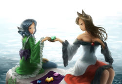 Rule 34 | 2girls, absurdres, animal ears, bare shoulders, blue eyes, blue hair, breasts, brooch, brown hair, cleavage, crystal, dress, drill hair, eyelashes, fingernails, fins, giving, hand on own chest, head fins, highres, imaizumi kagerou, japanese clothes, jewelry, kimono, koshi (koshi vortex), layered dress, lips, long hair, long sleeves, mermaid, monster girl, multiple girls, parted lips, red eyes, rock, sharp fingernails, short hair, signature, sitting, sitting on rock, strapless, strapless dress, touhou, wakasagihime, water, wolf ears