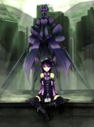 Rule 34 | 1girl, bad id, bad pixiv id, black thighhighs, boots, bow, detached sleeves, ganesagi, gloves, hat, highres, long hair, pixiv shadow, pixiv shadow 3, purple eyes, purple hair, shorts, solo, thighhighs, v arms