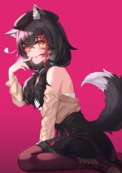 Rule 34 | 1girl, absurdres, animal ear fluff, animal ears, bare shoulders, beret, black hair, black hat, black pantyhose, black shirt, blood, blood on face, boots, brown cardigan, brown footwear, cardigan, flipped hair, hair ornament, hairclip, hat, high-waist skirt, highres, hololive, long hair, looking at viewer, low twintails, multicolored hair, myudi ariel, off shoulder, ookami mio, ookami mio (street), pantyhose, red hair, shirt, sitting, skirt, sleeveless, sleeveless shirt, solo, streaked hair, tail, twintails, virtual youtuber, wariza, white shirt, wolf ears, wolf girl, wolf tail, yellow eyes