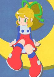 Rule 34 | 1girl, bad id, bad pixiv id, blonde hair, blue background, blue shirt, blush stickers, boots, closed mouth, commentary request, crescent moon, dress, full body, green eyes, green ribbon, hair ribbon, knee boots, long hair, long sleeves, looking to the side, mega man (classic), mega man (series), moon, on crescent, panties, pantyshot, ponytail, red dress, red footwear, ribbon, roll (mega man), sashisaki ryuunoshin, shirt, sidelocks, sitting, smile, solo, striped clothes, striped panties, undershirt, underwear