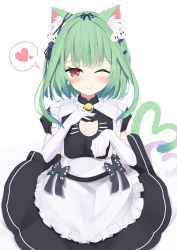 Rule 34 | 1girl, absurdres, alternate costume, animal ear fluff, animal ears, apron, bell, blue hair, blush, cat ears, cat tail, dress, earrings, elbow gloves, enmaided, ghost earrings, gloves, gradient hair, green hair, hair ornament, heart, highres, hololive, jewelry, looking at viewer, maid, maid apron, multicolored hair, neck bell, one eye closed, polyethyle, red eyes, short dress, short hair, short sleeves, skull hair ornament, solo, tail, uruha rushia, virtual youtuber, white gloves