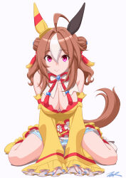 Rule 34 | 1girl, animal ears, artist name, asymmetrical footwear, bare shoulders, breasts, brown hair, cleavage, closed mouth, commentary request, copano rickey (umamusume), detached sleeves, double bun, dress, ear covers, ear ornament, hair between eyes, hair bun, hair ornament, highres, horse ears, horse girl, horse tail, large breasts, long sleeves, looking at viewer, mismatched footwear, multicolored hair, on ground, pink eyes, simple background, sitting, sleeveless, sleeveless dress, sleeves past fingers, sleeves past wrists, smile, solo, streaked hair, t2r, tail, tassel, tassel hair ornament, umamusume, wariza, white background, white footwear, white hair, yellow dress, yellow footwear