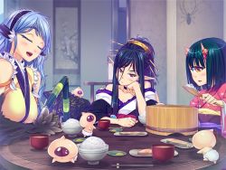 Rule 34 | 3girls, arachne, aranye, arthropod girl, black hair, blue hair, blush, breasts, cyclops, feathered wings, feathers, food, game cg, hair ornament, harpy, horns, insect girl, japanese clothes, large breasts, long hair, looking at viewer, mamono musume-tachi to no rakuen ~kumo to tori to hitotsume to~, mamonomusume to no seikatsu, monster girl, multiple girls, one-eyed, open mouth, pointy ears, rupyua, short hair, spider girl, suiku, table, taur, winged arms, wings