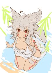 Rule 34 | 1girl, ahoge, animal ear fluff, animal ears, bare arms, bare shoulders, breasts, closed mouth, collarbone, commentary request, dark-skinned female, dark skin, downblouse, dress, facial mark, fox ears, fox girl, fox tail, from above, grey dress, grey hair, hair between eyes, highres, holding, holding own hair, looking at viewer, looking up, no bra, original, red eyes, sitting, sketch, sleeveless, sleeveless dress, small breasts, smile, solo, tail, wariza, yuuji (yukimimi)