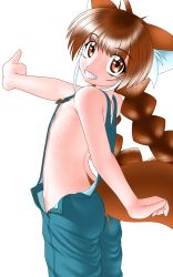 Rule 34 | 1girl, animal ears, braid, brown hair, delica, flat chest, highres, long hair, naked overalls, nipples, original, overalls, solo, twin braids, yuka (delica)