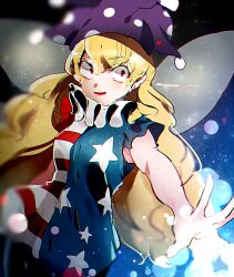 Rule 34 | 1girl, american flag dress, attack, blonde hair, blue dress, clownpiece, commentary request, danmaku, dress, fairy, fairy wings, frilled sleeves, frills, glowing, glowing eyes, hat, highres, jester cap, long hair, neck ruff, open mouth, outstretched arm, polka dot headwear, pom pom (clothes), purple hat, red dress, red eyes, short sleeves, smile, space, star (symbol), star print, striped clothes, striped dress, suzune hapinesu, touhou, very long hair, wavy hair, white dress, wide-eyed, wings