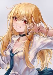 Rule 34 | 1girl, a yue, absurdres, bangle, barbell piercing, black choker, blue necktie, bracelet, breasts, choker, cleavage, collarbone, collared shirt, colored tips, ear piercing, fake nails, grin, highres, industrial piercing, jewelry, kitagawa marin, long hair, looking at viewer, loose necktie, multicolored hair, nail polish, necktie, partially unbuttoned, pendant choker, piercing, pink eyes, red eyes, red nails, ring, shirt, simple background, smile, sono bisque doll wa koi wo suru, sparkle, swept bangs, tied shirt, white shirt