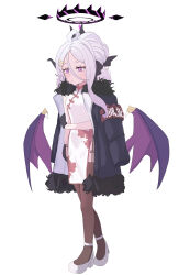 1girl absurdres ahoge alternate_costume alternate_hairstyle armband black_coat black_gloves black_thighhighs blue_archive china_dress chinese_clothes coat coat_on_shoulders commentary_request demon_girl demon_horns demon_wings dress earrings expeddddd full_body fur-trimmed_coat fur_trim garter_straps gloves hair_between_eyes hair_ornament hair_ribbon hairclip half_updo halo high_heels highres hina_(blue_archive) horns jewelry long_hair long_sleeves looking_at_viewer open_clothes open_coat print_dress red_armband ribbon side_slit sidelocks simple_background single_earring sleeveless sleeveless_dress solo thighhighs walking wavy_hair white_background white_dress white_footwear wings