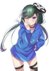 Rule 34 | 1girl, absurdres, arts shirt, black hair, blue sweater, blush, breasts, closed mouth, eyepatch, fate/grand order, fate (series), fishnets, heterochromia, highres, hood, hooded sweater, long hair, long sleeves, looking at viewer, mochizuki chiyome (fate), orange eyes, purple eyes, ribbon, simple background, small breasts, smile, sweater, thighs, twintails, v, very long hair, white background, white ribbon, yahan (mctr5253)