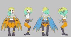 Rule 34 | 1girl, absurdres, animal ears, anklet, bird ears, bird legs, bird tail, black shorts, blonde hair, blue feathers, blush, braid, breasts, character sheet, colored skin, commentary, feathered wings, feathers, gradient hair, green hair, grey background, grey poncho, harpy, highres, jewelry, long hair, mako (eogks), medium breasts, monster girl, multicolored hair, navel, nn (eogks), orange feathers, original, poncho, shorts, simple background, tail, talons, two-tone wings, white skin, winged arms, wings