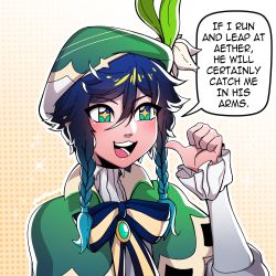 Rule 34 | + +, 1boy, beksdraws, black hair, blue eyes, blue hair, blush, braid, brooklyn nine-nine, cape, english text, flower, gem, genshin impact, gradient hair, green hat, hat, hat flower, jewelry, leaf, long sleeves, looking at viewer, male focus, multicolored hair, open mouth, pointing, pointing at self, ribbon, simple background, smile, solo, sparkling eyes, speech bubble, trap, twin braids, venti (genshin impact), white flower