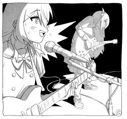 Rule 34 | 2girls, bocchi the rock!, bow, cube hair ornament, dana terrace, electric guitar, gibson les paul, gotoh hitori, greyscale, guitar, hair between eyes, hair ornament, highres, holding, holding instrument, instrument, jacket, kita ikuyo, long hair, long sleeves, looking at viewer, microphone, microphone stand, monochrome, multiple girls, music, one side up, open mouth, pants, pants under skirt, playing instrument, pleated skirt, sailor collar, school uniform, singing, skirt, smile, sweat, track jacket, track pants
