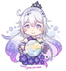 Rule 34 | 1girl, ahoge, black flower, chibi, closed mouth, commentary, crown, earth (planet), english commentary, flower, gradient hair, hair between eyes, high ponytail, honkai (series), honkai impact 3rd, kiana kaslana, kiana kaslana (herrscher of finality), long hair, looking at viewer, multicolored hair, open hands, planet, ponytail, simple background, solo, star-shaped pupils, star (symbol), sunnyvaiprion, symbol-shaped pupils, twitter username, white background, white hair