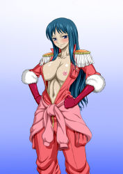Rule 34 | 1girl, areola slip, blue hair, blush, breasts, breasts out, female focus, hands on own hips, highres, jumpsuit, long hair, nel-zel formula, nipple slip, nipples, one piece, open clothes, porche (one piece), smile, solo, standing, tagme