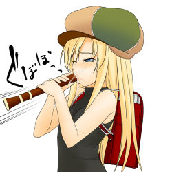 Rule 34 | 00s, 1girl, a1 (initial-g), backpack, bag, blonde hair, blue eyes, cabbie hat, flute, hat, holding, holding flute, holding instrument, instrument, kaleido star, layla hamilton, one eye closed, randoseru, recorder, sexually suggestive, solo, upper body