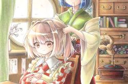 Rule 34 | 2girls, blue hair, blush, checkered clothes, checkered kimono, commentary request, green kimono, hakama, hakama skirt, hieda no akyuu, highres, hisako (6anmbblfnjueeff), japanese clothes, kimono, layered clothes, layered kimono, long skirt, long sleeves, motoori kosuzu, mouth hold, multiple girls, off shoulder, purple ribbon, red eyes, red hair, red skirt, ribbon, short hair, skirt, smile, touhou, twintails, two side up, wide sleeves