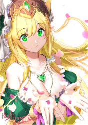 Rule 34 | 1girl, adachi yousuke, blonde hair, breasts, cleavage, copyright name, freyja (p&amp;d), frills, green eyes, headdress, huge breasts, jewelry, large breasts, long hair, necklace, open hand, outstretched hand, palms, petals, pointy ears, puzzle &amp; dragons, solo, twitter username, very long hair