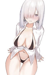 Rule 34 | 1girl, bikini, bikini under clothes, black bikini, breasts, cleavage, collarbone, collared shirt, grey hair, hair over one eye, large breasts, long sleeves, looking at viewer, navel, open clothes, open shirt, original, otsumami (02mami), parted lips, purple eyes, shirt, short hair, simple background, sitting, sleeves past wrists, solo, swimsuit, thigh gap, white background, white shirt