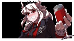 Rule 34 | 1girl, absurdres, alcohol, black background, black jacket, black necktie, border, breasts, clenched teeth, collared shirt, crown, cup, d:, demon girl, demon horns, drinking glass, gloves, hands up, helltaker, highres, holding, holding cup, horns, jacket, large breasts, lemontansan, long hair, long sleeves, lucifer (helltaker), mole, mole under eye, necktie, open mouth, red eyes, red shirt, shirt, solo, teeth, tie clip, white border, white gloves, wine, wine glass