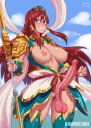 Rule 34 | 1girl, blush, breasts, breasts out, brown eyes, censored, erection, erza scarlet, fairy tail, full-package futanari, futanari, grin, large breasts, large penis, long hair, looking at viewer, nipples, penis, red hair, smile, solo, sweat, testicles, zheng