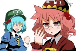 Rule 34 | 2girls, aqua hair, arano oki, bespectacled, blush, clenched hands, closed eyes, female focus, glasses, hair bobbles, hair ornament, hat, kawashiro mitori, kawashiro nitori, key, long sleeves, multiple girls, open mouth, original, parody, red hair, rin-chan now! (vocaloid), siblings, side ponytail, sisters, sweatdrop, touhou, two side up, vocaloid, white background