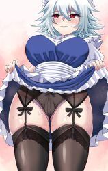 Rule 34 | 1girl, absurdres, black thighhighs, breasts, clothes lift, doku yanagi, highres, izayoi sakuya, large breasts, maid headdress, red eyes, skirt, skirt lift, solo, thighhighs, touhou, white hair, white headwear