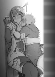 Rule 34 | 1boy, 1girl, against wall, anegawa eiji, backlighting, blush, breasts, closed mouth, clothed sex, dress, elbow gloves, fingerless gloves, gauntlets, gloves, gran (granblue fantasy), granblue fantasy, greyscale, hair ornament, hairpin, hood, hooded jacket, jacket, large breasts, long hair, long sleeves, monochrome, pelvic curtain, sex, short hair, shura (granblue fantasy), thighhighs, thighs