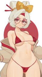 Rule 34 | 1girl, absurdres, bikini, breasts, brown coat, cleft of venus, closed mouth, coat, collarbone, covered erect nipples, cowboy shot, eyeshadow, gluteal fold, goggles, goggles on head, headband, highres, large breasts, looking at viewer, makeup, micro bikini, moursho, navel, nintendo, off shoulder, purah, red bikini, red eyes, red eyeshadow, red headband, short eyebrows, smile, solo, stomach, sweat, swimsuit, the legend of zelda, the legend of zelda: tears of the kingdom, thighs, white hair, wide hips