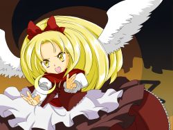 Rule 34 | &gt;:d, 1girl, :d, blonde hair, bow, crescent moon, dress, fang, feathered wings, frilled sleeves, frills, gengetsu (touhou), hair bow, highres, lace, lace-trimmed dress, lace trim, long hair, long sleeves, moon, open mouth, red bow, red scarf, scarf, smile, solo, touhou, touhou (pc-98), ukanmuri, v-shaped eyebrows, vest, white wings, wings, yellow eyes