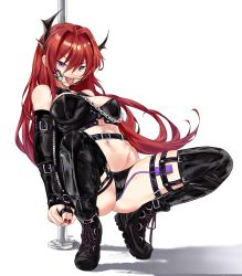 Rule 34 | 1girl, absurdres, ankle boots, arknights, armbinder, arms behind back, bdsm, bikini, black bikini, black footwear, black thighhighs, bondage, boots, bound, bound wrists, breasts, cameltoe, chain, cleavage, collar, commission, drawfagmona, full body, gag, gagged, hair between eyes, highres, horns, large breasts, leaning back, leash, long hair, nail polish, navel, open mouth, piercing, pole, purple eyes, red hair, red nails, restrained, ring gag, second-party source, sex toy, simple background, skindentation, slave, solo, spread legs, squatting, stationary restraints, stripper pole, surtr (arknights), swimsuit, thigh strap, thighhighs, tongue, tongue out, tongue piercing, v-shaped eyebrows, very long hair, vibrator, vibrator under clothes, white background