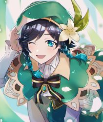 Rule 34 | 1boy, androgynous, ari (bleum), beret, black hair, blue hair, blush, bow, braid, brooch, cape, collared cape, collared shirt, flower, frilled sleeves, frills, gem, genshin impact, gradient hair, green eyes, green hat, green shorts, hand on own head, hat, hat flower, jewelry, leaf, long sleeves, looking at viewer, male focus, multicolored hair, one eye closed, open mouth, petals, shirt, short hair with long locks, shorts, simple background, smile, solo, sparkle, twin braids, venti (genshin impact), vision (genshin impact), white flower, white shirt