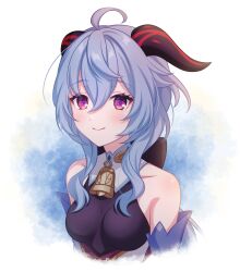 Rule 34 | 1girl, ahoge, bare shoulders, bell, black bow, blue background, blue hair, blush, bodysuit, bow, breasts, closed mouth, collarbone, detached collar, detached sleeves, ganyu (genshin impact), genshin impact, goat horns, gold, hair between eyes, hair bow, highres, horns, jewelry, long hair, long sleeves, looking at viewer, medium breasts, neck bell, pochimaru (marumaru wanwan), ponytail, purple bodysuit, purple eyes, sidelocks, smile, solo, upper body, white background, yellow background
