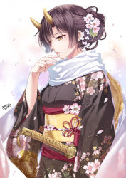 Rule 34 | 1girl, arm at side, black hair, black kimono, breasts, character request, chobipero, commentary request, cowboy shot, finger to mouth, floral print, flower, gradient scarf, hair bun, hair flower, hair ornament, hand up, horns, japanese clothes, kanzashi, katana, kimono, long sleeves, looking at hand, looking away, looking down, obi, oni horns, parted lips, petals, pink flower, pink shawl, profile, sash, scarf, shawl, sidelocks, single hair bun, solo, sword, tassel, tenka hyakken, updo, weapon, white background, white scarf, yellow eyes