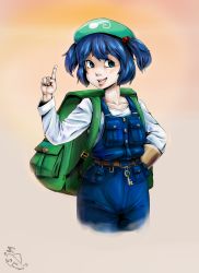 Rule 34 | 1girl, backpack, bag, blue eyes, blue hair, hat, hold111, kawashiro nitori, matching hair/eyes, overalls, pointing, solo, touhou, two side up