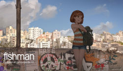 Rule 34 | 1girl, arabic text, backpack, bag, bare shoulders, bethlehem, bird, bob cut, brown eyes, brown hair, building, camisole, check translation, chinese text, city, cityscape, cloud, commentary, crossed legs, dated, day, english text, flag, graffiti, hammer and sickle, hjl, looking to the side, original, palestine, palestinian flag, peace symbol, short hair, shorts, signature, sky, solo, standing, striped, tongue, tongue out, translated, translation request, west bank