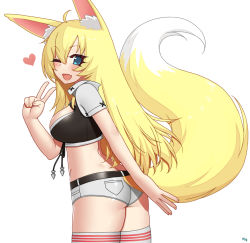 Rule 34 | 1girl, animal ears, ass, blonde hair, blue eyes, blush, breasts, butt crack, fang, fox ears, fox tail, from behind, heart, kuroonehalf, large breasts, long hair, looking at viewer, looking back, one eye closed, original, shiny clothes, shiny skin, shoes, short shorts, shorts, sideboob, smile, sneakers, socks, solo, tail, thighhighs, very long hair