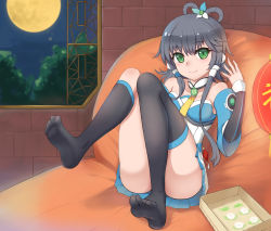 Rule 34 | 1girl, absurdres, bare shoulders, black hair, black socks, blush, breasts, closed mouth, collarbone, feet, green eyes, highres, indoors, kneehighs, long hair, looking at viewer, luo tianyi, medium breasts, moon, night, no shoes, shou jian yu, sitting, smile, socks, soles, solo, thighhighs, toes, vocaloid, vocanese