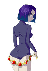 Rule 34 | 1girl, ass, belt, breasts, colored skin, covered erect nipples, dc comics, female focus, grey skin, leotard, looking at viewer, looking back, medium breasts, nabe (ingenmame), purple eyes, purple hair, raven (dc), short hair, simple background, solo, teen titans, white background