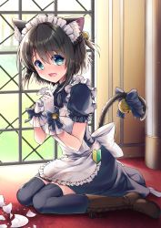 Rule 34 | 1girl, absurdres, animal ear fluff, animal ears, apron, back bow, bell, black bow, black dress, black thighhighs, blue bow, boots, bow, braid, broken, brown footwear, brown hair, cat ears, cat girl, cat tail, commentary request, cross-laced footwear, cup, dress, fang, frilled apron, frills, gloves, green eyes, hair between eyes, hands up, highres, huge filesize, indoors, jingle bell, lace-up boots, looking at viewer, maid, maid apron, maid headdress, open mouth, original, puffy short sleeves, puffy sleeves, saucer, short sleeves, shoshinsha mark, sitting, solo, tail, tail bell, tail bow, tail ornament, tail raised, teacup, tears, thighhighs, thighhighs under boots, wakuta chisaki, wariza, wavy mouth, white apron, white bow, white gloves
