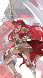 Rule 34 | 1girl, armor, ass, bare shoulders, blodia, capcom, cyberbots, gauntlets, godsworn alexiel, granblue fantasy, hair ornament, long hair, looking at viewer, mecha, name connection, red hair, robot, skirt, thighhighs, zunta