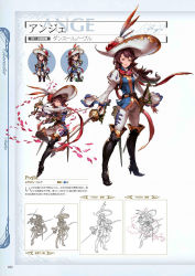 Rule 34 | 10s, 1girl, ange (granblue fantasy), belt, blue eyes, boots, breasts, brown hair, character name, chibi, concept art, detached sleeves, dual wielding, feathers, flower, full body, granblue fantasy, hat, high heel boots, high heels, highres, holding, holding weapon, juliet sleeves, lineart, long hair, long sleeves, looking at viewer, medium breasts, minaba hideo, multiple views, non-web source, official art, open mouth, petals, puffy sleeves, rose, scan, smile, standing, sword, thigh boots, thighhighs, weapon
