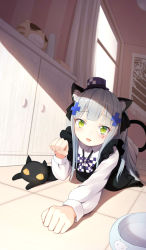 Rule 34 | 1girl, :3, :d, absurdres, aged down, all fours, animal ears, black dress, blunt bangs, blush, bow, bowl, bowtie, cat, cat ears, cat tail, checkered clothes, checkered neckwear, commentary request, cross hair ornament, cupboard, dress, facial mark, fake animal ears, fake tail, girls&#039; frontline, green eyes, hair ornament, hat, highres, hk416 (black kitty&#039;s gift) (girls&#039; frontline), hk416 (girls&#039; frontline), indoors, long hair, long sleeves, looking at viewer, mini hat, official alternate costume, open mouth, paw pose, pet bowl, shadow, shirt, sidelocks, silver hair, smile, solo focus, tail, teardrop, tile floor, tiles, white shirt, window, wo you yibei jia wanli