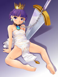 Rule 34 | 1girl, arm support, atlus, barefoot, breasts, collar, crown, earrings, feet, flat chest, gradriel, gradriel de valendia, jewelry, nipples, no bra, no panties, princess crown, purple background, purple eyes, purple hair, reflection, see-through, soles, solo, spread legs, stupa13a, sword, toes, weapon, white background