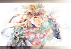 Rule 34 | 1boy, battle tendency, blonde hair, blood, blood on face, blue jacket, bubble, caesar anthonio zeppeli, cropped jacket, facial mark, feather hair ornament, feathers, fingerless gloves, gloves, green eyes, hair ornament, headband, hinoe (right-hnxx03), hydrokinesis, injury, jacket, jewelry, jojo no kimyou na bouken, male focus, manly, painting (medium), ribbon, ring, shirt, solo, spoilers, traditional media, water, watercolor (medium), white shirt