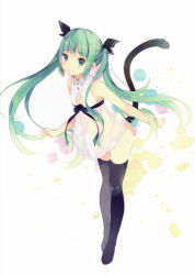 Rule 34 | 1girl, :o, absurdres, black thighhighs, blue eyes, blush, cat tail, cleavage cutout, clothing cutout, dress, full body, green hair, hatsune miku, highres, long hair, ousaka nozomi, scan, see-through, solo, tail, thighhighs, twintails, vocaloid, white background, white dress